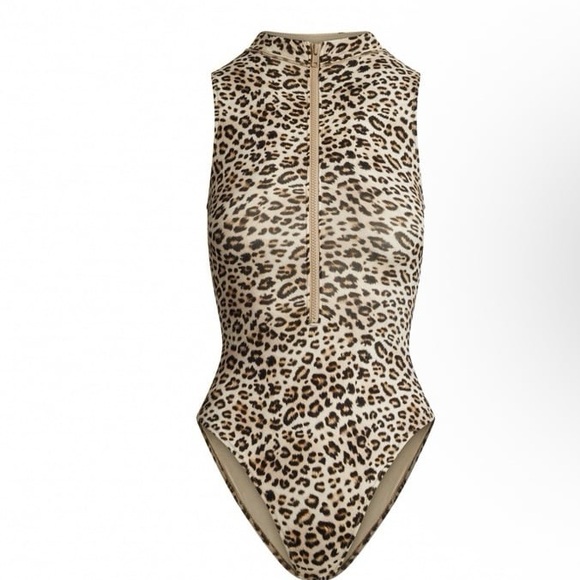 SKIMS SWIM ZIP FRONT SLEEVELESS ONE PIECE SWIMSUIT CHAMPAGNE LEOPARD PRINT XXS L - Picture 4 of 7
